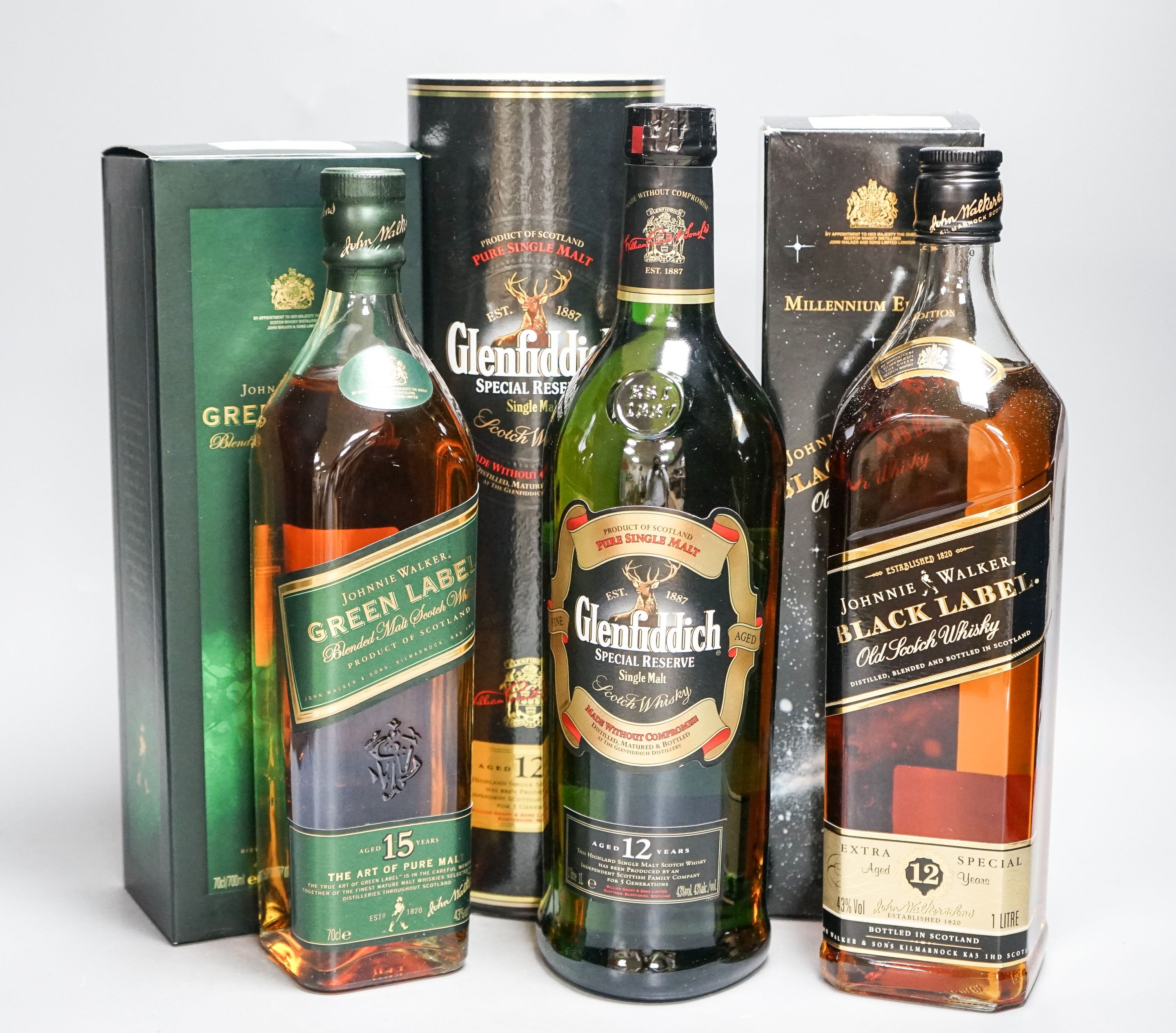 One Millenium Edition Johnnie Walker Black Label Old Scotch Label, 1 x Johnnie Walker Green label 15 year old malt whisky and one Glenfiddich Special Reserve aged 12 years